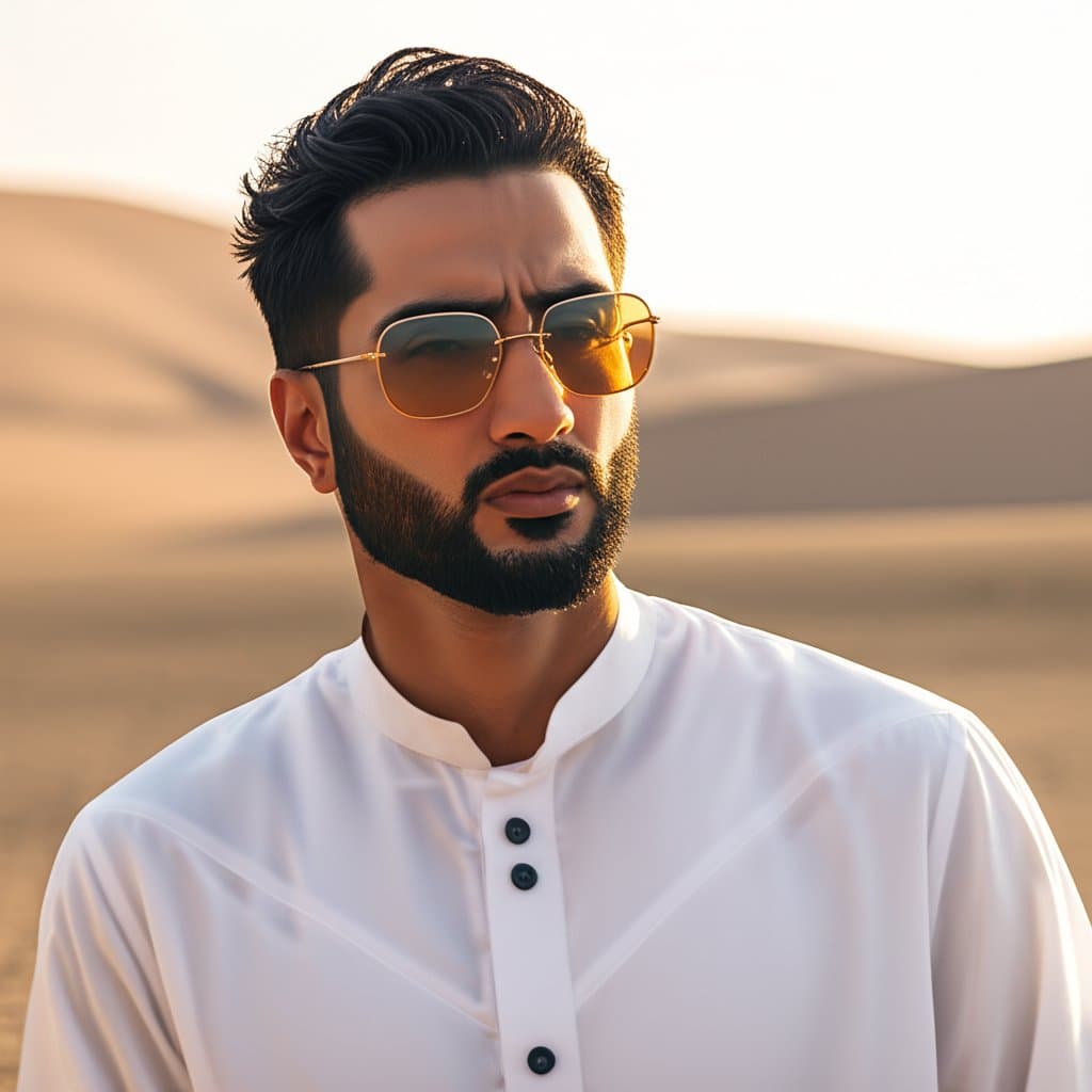 رجل بثوب أبيض يرتدي نظارة شمسية بفريم ذهبي